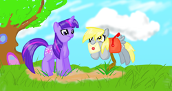 Size: 1366x728 | Tagged: safe, artist:rastaquouere69, derpy hooves, twilight sparkle, pegasus, pony, derpy inside a mailbox, female, mail, mailbox, mare, mouth hold