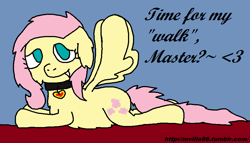 Size: 908x520 | Tagged: safe, artist:mvilla98, fluttershy, pegasus, pony, 30 minute art challenge, collar, flutterpet, master, pet, pet play, speech