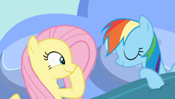 Size: 12800x7200 | Tagged: safe, artist:frownfactory, derpibooru import, edit, fluttershy, rainbow dash, pegasus, pony, secrets and pies, absurd resolution, bed, blanket, cute, dashabetes, eyes closed, female, flutterdash, lesbian, mare, pillow, shipping, shyabetes, sleeping, smiling