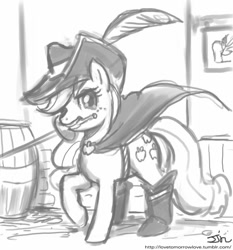 Size: 735x788 | Tagged: safe, artist:johnjoseco, applejack, earth pony, pony, crossover, grayscale, monochrome, musketeer, puss in boots, sword, weapon