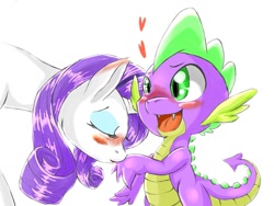 Size: 1024x768 | Tagged: safe, artist:jiiko, rarity, spike, dragon, pony, unicorn, blushing, female, heart, kissing, male, pixiv, shipping, sparity, spikelove, straight