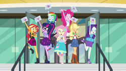 Size: 1920x1080 | Tagged: safe, derpibooru import, screencap, applejack, fluttershy, pinkie pie, rainbow dash, rarity, sci-twi, sunset shimmer, twilight sparkle, better together, equestria girls, the finals countdown, canterlot high, converse, geode of empathy, geode of sugar bombs, geode of super speed, geode of super strength, geode of telekinesis, magical geodes, shoes, test paper, unicorn master race