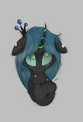 Size: 862x1268 | Tagged: safe, artist:groomlake, queen chrysalis, changeling, changeling queen, blushing, chest fluff, colored, female, fluffy, gray background, looking up, love, simple, simple background, spots