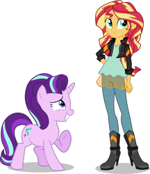 Size: 6438x7461 | Tagged: safe, artist:limedazzle, starlight glimmer, sunset shimmer, pony, unicorn, equestria girls, absurd resolution, boots, clothes, grin, high heel boots, hilarious in hindsight, jacket, leather jacket, nervous, nervous grin, raised hoof, simple background, smiling, square crossover, transparent background, vector