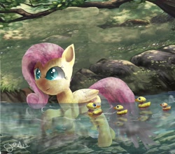 Size: 1619x1431 | Tagged: safe, artist:owlvortex, fluttershy, pegasus, pony, duckling, female, mare, swimming