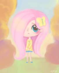 Size: 1045x1285 | Tagged: safe, artist:trefleix, fluttershy, clothes, female, humanized, pink hair, solo
