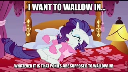 Size: 600x338 | Tagged: safe, edit, edited screencap, screencap, rarity, pony, unicorn, suited for success, bed, clothes, eyes closed, floppy ears, image macro, marshmelodrama, nose wrinkle, quote, robe, slippers, solo