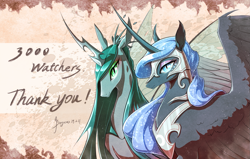 Size: 1753x1116 | Tagged: safe, artist:begasus, nightmare moon, queen chrysalis, alicorn, changeling, changeling queen, pony, chrysmoon, female, lesbian, mare, milestone, shipping, signature, smiling