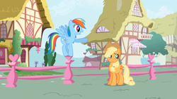 Size: 1365x768 | Tagged: safe, derpibooru import, screencap, applejack, rainbow dash, earth pony, pegasus, pony, applebuck season