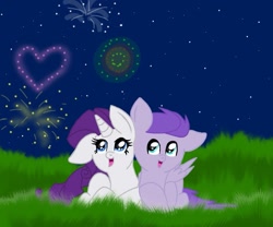 Size: 923x768 | Tagged: safe, artist:dewdrop-210, rarity, oc, oc:kydose, pegasus, pony, unicorn, canon x oc, fireworks, grass, heart, love, night, raridose, shipping