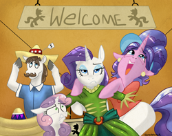 Size: 2000x1576 | Tagged: safe, artist:quinepeather, cookie crumbles, hondo flanks, rarity, sweetie belle, pony, unicorn, clothes, cookieflanks, dress, dressup, family, rarity's parents, shopping, sombrero, unamused