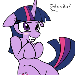 Size: 500x500 | Tagged: safe, artist:reiduran, derpibooru import, twilight sparkle, vampire, adorkable, blushing, cute, dork, fangs, floppy ears, hips, simple background, smiling, white background