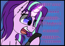 Size: 1280x903 | Tagged: safe, artist:duop-qoub, starlight glimmer, pony, unicorn, comic, eeee, microphone, singing, song reference