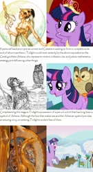 Size: 600x1110 | Tagged: safe, derpibooru import, edit, edited screencap, screencap, owlowiscious, twilight sparkle, twilight sparkle (alicorn), unicorn twilight, alicorn, owl, snake, unicorn, magical mystery cure, owl's well that ends well, winter wrap up, athena, big crown thingy, greek mythology, jewelry, regalia, text, theory