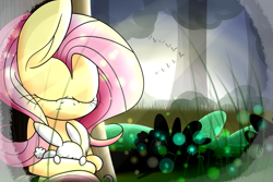 Size: 995x666 | Tagged: safe, artist:extradan, angel bunny, fluttershy, pegasus, pony, duo, eyes closed, flutterbot, forest, holding