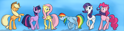 Size: 8640x2160 | Tagged: safe, artist:cloudyskieswrites, derpibooru import, applejack, fluttershy, pinkie pie, rainbow dash, rarity, twilight sparkle, earth pony, pegasus, pony, unicorn, high res, mane six, prehensile tail, rearing