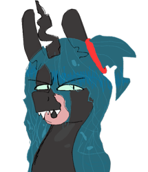 Size: 681x791 | Tagged: safe, artist:rudy, derpibooru exclusive, queen chrysalis, changeling, changeling queen, >:, bust, colored sketch, eye clipping through hair, eyebrows, fangs, female, hairband, looking at you, ponytail, portrait, round ears, simple background, sketch, slit eyes, solo, teeth, tongue out, transparent background
