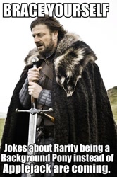 Size: 426x640 | Tagged: safe, applejack, rarity, human, all caps, background pony, background pony applejack, brace yourselves, game of thrones, impact font, irl, meta, photo, sword, text