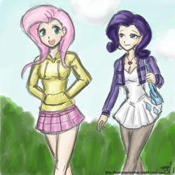 Size: 1280x1280 | Tagged: safe, artist:johnjoseco, artist:michos, fluttershy, rarity, human, clothes, dress, humanized, pantyhose, skirt
