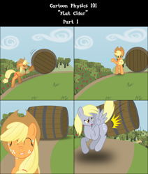 Size: 1000x1180 | Tagged: safe, artist:bsting, applejack, derpy hooves, earth pony, pegasus, pony, barrel, butt bump, butt smash, female, mare