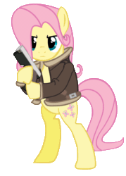 Size: 974x1362 | Tagged: safe, fluttershy, cosplay, crossover, gun, leon s. kennedy, resident evil