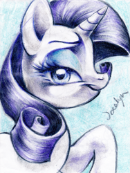 Size: 751x1000 | Tagged: safe, artist:carlotta-guidicelli, rarity, pony, unicorn, bedroom eyes, bust, looking at you, portrait, profile, raised hoof, smiling, solo, traditional art