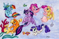 Size: 756x512 | Tagged: safe, artist:jenkiwi, derpibooru import, applejack, fluttershy, pinkie pie, rainbow dash, rarity, twilight sparkle, twilight sparkle (alicorn), alicorn, seapony (g4), my little pony: the movie, cute, mane six, seaponified, seapony applejack, seapony fluttershy, seapony pinkie pie, seapony rainbow dash, seapony rarity, seapony twilight, species swap, swimming, traditional art, underwater