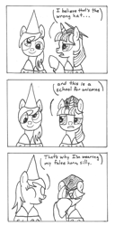 Size: 800x1561 | Tagged: safe, artist:pageturner1988, derpy hooves, twilight sparkle, pegasus, pony, comic, dunce hat, female, hat, mare, monochrome, princess celestia's school for gifted unicorns