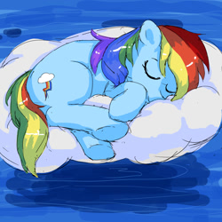 Size: 1200x1200 | Tagged: safe, artist:bauru, derpibooru import, rainbow dash, pegasus, pony, cloud, cute, dashabetes, eyes closed, on a cloud, pixiv, sleeping, solo