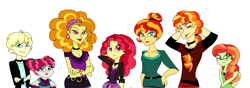 Size: 3768x1324 | Tagged: safe, artist:purfectprincessgirl, adagio dazzle, sunset shimmer, oc, oc:angel flare, oc:ballad glimmer, oc:phoenix burst, oc:viola hue, equestria girls, female, humanized, lesbian, magical lesbian spawn, offspring, older, parent:adagio dazzle, parent:sunset shimmer, parents:sunsagio, shipping, story in the source, story included, sunsagio