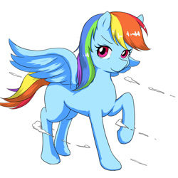 Size: 1200x1200 | Tagged: safe, artist:bauru, derpibooru import, rainbow dash, pegasus, pony, looking at you, raised hoof, simple background, solo, spread wings, white background, wings