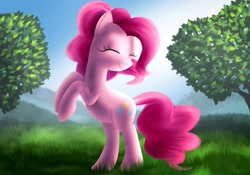 Size: 2538x1780 | Tagged: safe, artist:daedric-pony, pinkie pie, earth pony, pony, cute, eyes closed, grass, happy, rearing, solo, tree