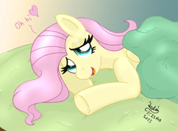 Size: 1280x940 | Tagged: safe, artist:joakaha, fluttershy, pegasus, pony, bed, blanket, dialogue, heart, morning ponies, solo