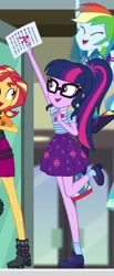 Size: 338x818 | Tagged: safe, derpibooru import, screencap, rainbow dash, sci-twi, sunset shimmer, twilight sparkle, better together, equestria girls, the finals countdown, a++, boots, clothes, converse, cropped, eyes closed, female, geode of super speed, glasses, grades, how, intelligence, intelligent, magical geodes, nerd, offscreen character, ponytail, shoes, skirt, smart, socks, success