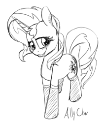 Size: 1854x2178 | Tagged: safe, artist:allyclaw, sunset shimmer, pony, unicorn, blushing, clothes, monochrome, shy, sketch, socks, solo