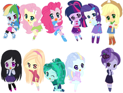 Size: 812x612 | Tagged: safe, artist:sarahgdo, derpibooru import, applejack, fluttershy, pinkie pie, rainbow dash, rarity, sci-twi, twilight sparkle, oc, equestria girls, chibi, humane five, humane six, mane six