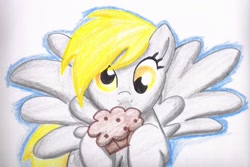 Size: 1024x685 | Tagged: safe, artist:vicockart, derpy hooves, pegasus, pony, female, mare, muffin, solo, traditional art