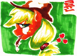 Size: 800x579 | Tagged: safe, artist:lyun, applejack, earth pony, pony, blonde mane, female, mare, orange coat, solo