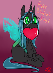 Size: 1000x1375 | Tagged: safe, artist:ryuredwings, queen chrysalis, changeling, changeling queen, female, heart, holiday, mouth hold, solo, valentine's day