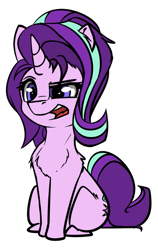 Size: 561x885 | Tagged: safe, artist:duop-qoub, starlight glimmer, pony, unicorn, chest fluff, cute, female, fluffy, glimmerbetes, mare, open mouth, raised eyebrow, shoulder fluff, simple background, sitting, solo, white background