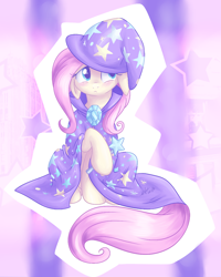 Size: 810x1014 | Tagged: safe, artist:fizzy-dog, fluttershy, pegasus, pony, accessory swap, magic wand, solo, the great and powerful, trixie's cape, trixie's hat