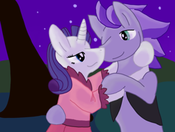 Size: 1024x768 | Tagged: safe, rarity, oc, oc:kydose, pony, unicorn, bathrobe, canon x oc, clothes, dancing, dress, love, night, shipping, suit, tree