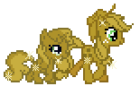 Size: 155x96 | Tagged: safe, applejack, sweetie belle, earth pony, pony, animated, desktop ponies, luster dust, simple background, sweetie gold, transparent background, walk cycle
