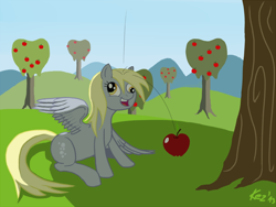 Size: 1000x750 | Tagged: safe, artist:kezcro, derpy hooves, pegasus, pony, apple, female, mare, solo, tree