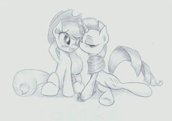 Size: 995x698 | Tagged: safe, artist:skyline14, applejack, rarity, earth pony, pony, unicorn, blushing, color me, female, kissing, lesbian, rarijack, shipping, sketch