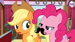 Size: 480x270 | Tagged: safe, applejack, pinkie pie, earth pony, pony, spike at your service, duo, female, mare, moustache