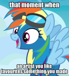 Size: 990x1080 | Tagged: safe, derpibooru import, edit, edited screencap, screencap, rainbow dash, pegasus, pony, secrets and pies, clothes, cropped, cute, dashabetes, goggles, happy, image macro, meme, smiling, solo, spread wings, uniform, wings, wonderbolts uniform