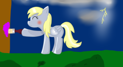 Size: 1024x559 | Tagged: safe, artist:rainbowcategirl, derpy hooves, pegasus, pony, blushing, female, lightning, mare, paint, paintbrush, painting, solo