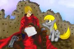 Size: 500x333 | Tagged: safe, artist:rockgirl100000000, derpy hooves, human, crossover, muffin, trigun, vash the stampede