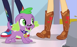 Size: 529x324 | Tagged: safe, derpibooru import, screencap, applejack, rainbow dash, spike, spike the regular dog, dog, equestria girls, equestria girls series, apple, boots, converse, cowboy boots, cropped, food, legs, paws, pictures of legs, shoes, sneakers